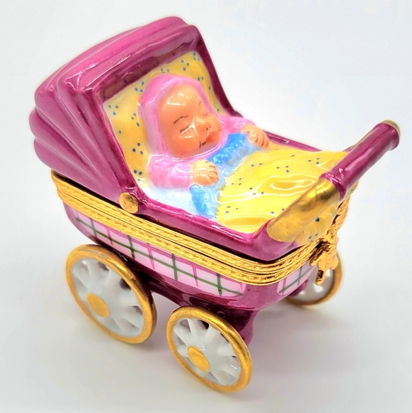 Authentic Limoges Hand Painted Porcelain Baby Girl in Stroller Trinket Box - Picture 3 of 9